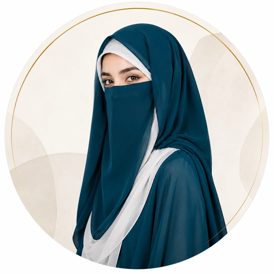 Madiha Faisal’s profile illustration in a teal hijab and niqab